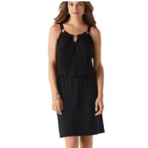 WHBM Matte Jersey Sleeveless Black Dress metal strap detail key hole SZ SM